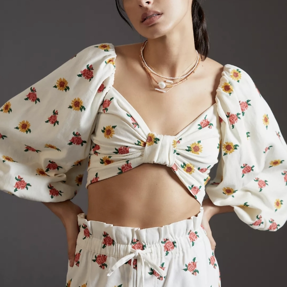 FARM Rio Mixed Flowers Cross Stitch Embroidered Top